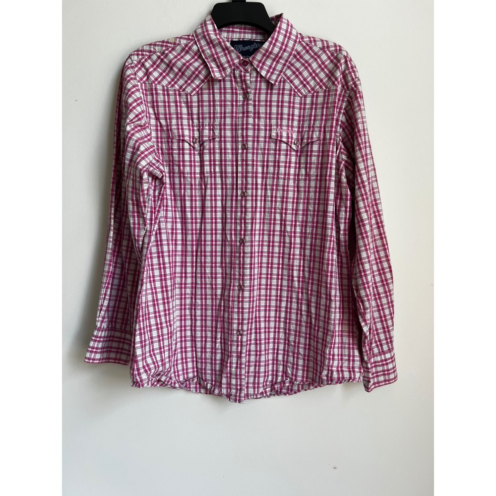 Wrangler Western Shirt Plaid Pink White‎ LS Breast Cancer Pearl Snap Women L